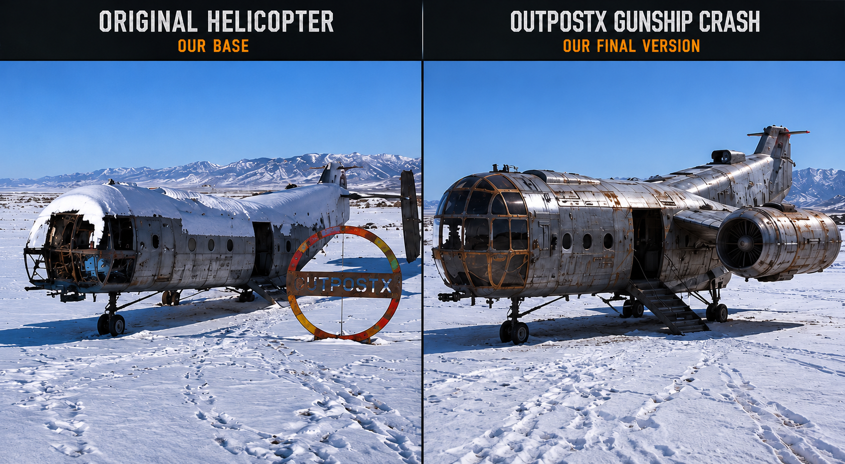 Original helicopter airframe beside the OutpostX Gunship Crash exterior concept