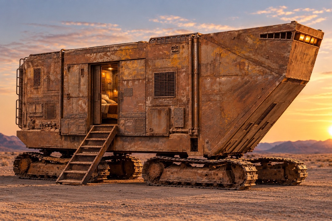 OutpostX Sandcrawler concept with salvaged excavator tracks and side entry