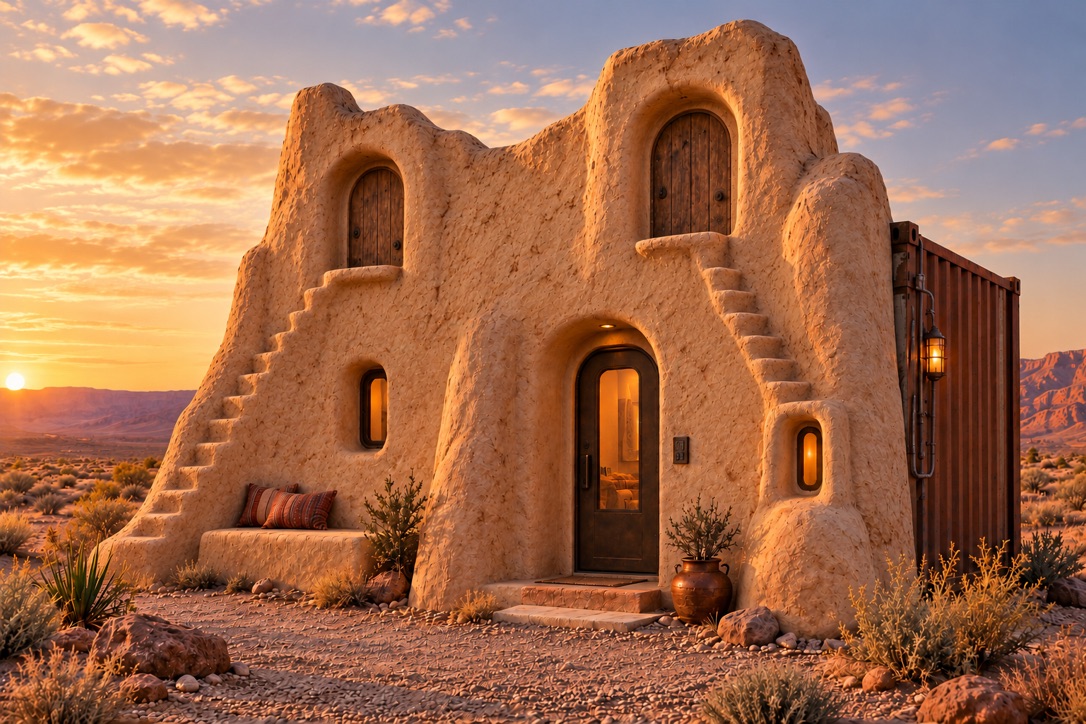 Slave Quarters concept with sculpted desert facade at OutpostX Utah